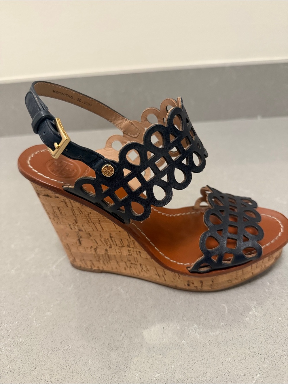 Tory Burch Black Leather Cutout Cork Wedge Sandals with Gold Buckle